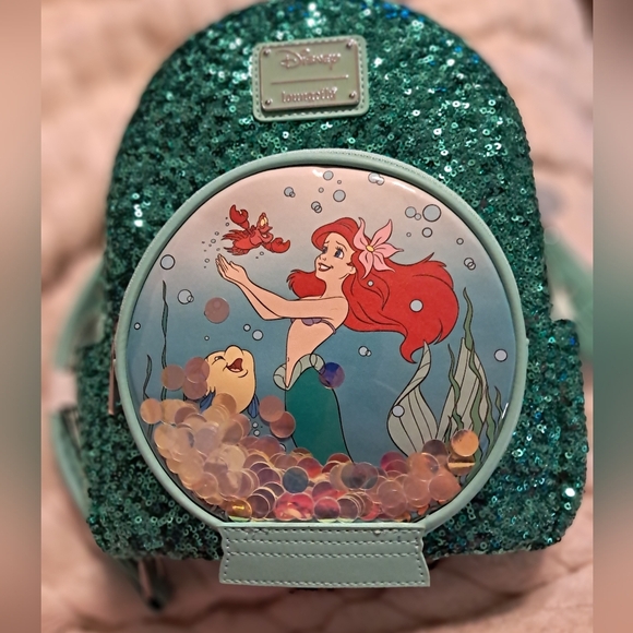 New With Tags Loungefly Disney Little Mermaid Snow Globe Sequin Mini Backpack - Picture 3 of 8